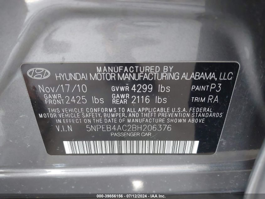 2011 Hyundai Sonata Gls VIN: 5NPEB4AC2BH206376 Lot: 39856156