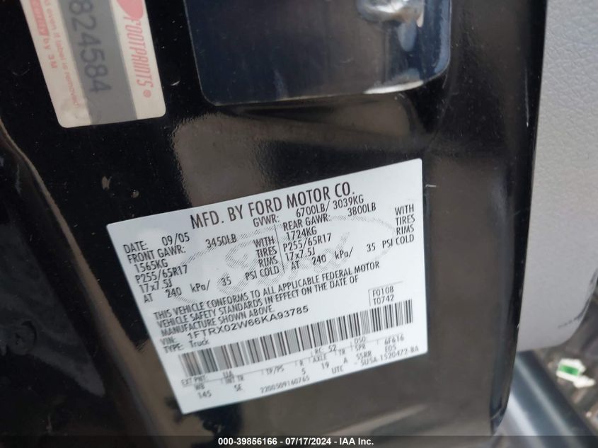 2006 Ford F-150 Stx/Xlt VIN: 1FTRX02W66KA93785 Lot: 39856166