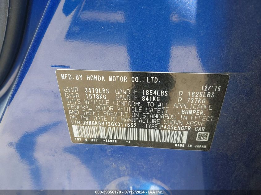 2016 Honda Fit Ex VIN: JHMGK5H72GX017552 Lot: 39856170