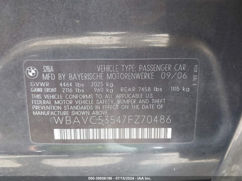 2007 BMW 328I VIN: WBAVC53547FZ70486 Lot: 39856196