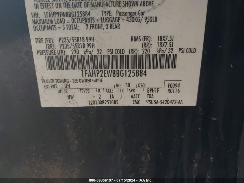 2011 Ford Taurus Sel VIN: 1FAHP2EW8BG125884 Lot: 39856197