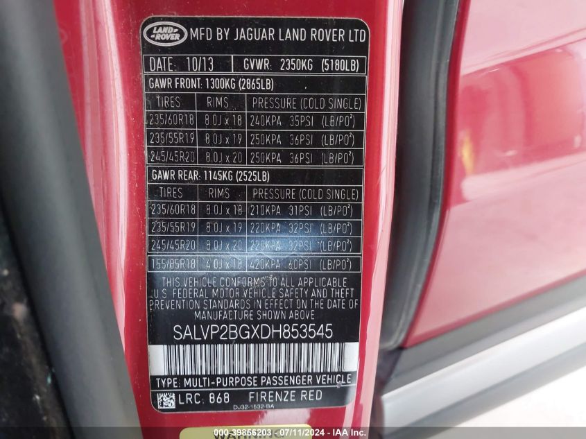 2013 Land Rover Range Rover Evoque Pure VIN: SALVP2BGXDH853545 Lot: 39856203