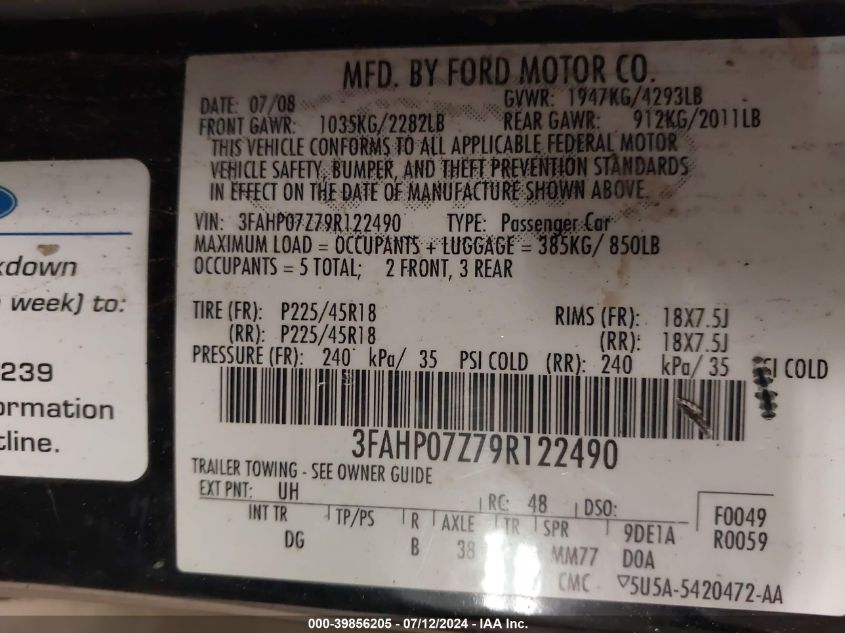 3FAHP07Z79R122490 | 2009 FORD FUSION