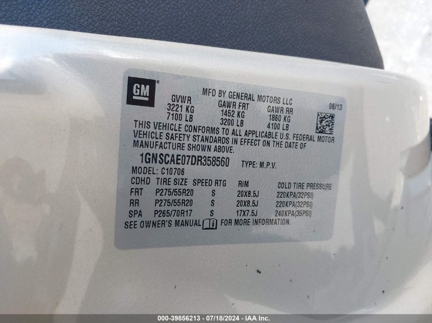 2013 Chevrolet Tahoe Ls VIN: 1GNSCAE07DR358560 Lot: 39856213