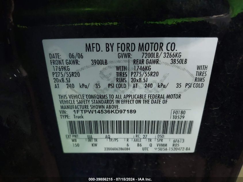 2006 Ford F-150 Fx4/Lariat/Xlt VIN: 1FTPW14536KD97189 Lot: 39856215