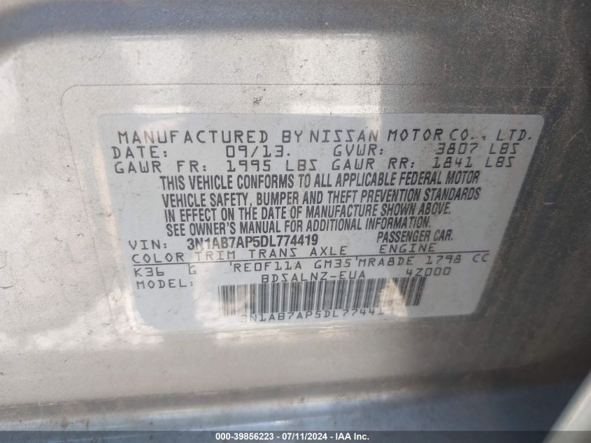 2013 Nissan Sentra Fe+ Sv VIN: 3N1AB7AP5DL774419 Lot: 39856223