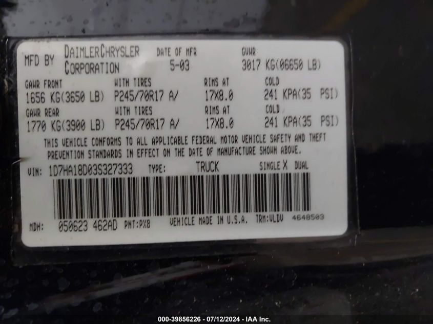 2003 Dodge Ram 1500 St/Slt VIN: 1D7HA18D03S327333 Lot: 39856226