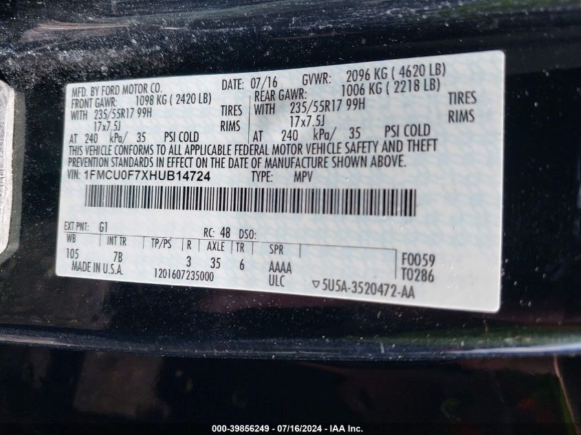 VIN 1FMCU0F7XHUB14724 2017 FORD ESCAPE S