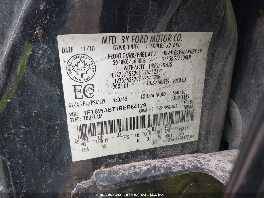 2011 Ford F-350 Lariat VIN: 1FT8W3BT1BEB64129 Lot: 39856260