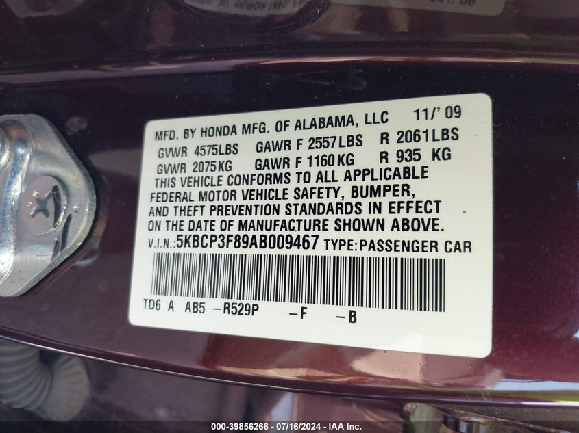 2010 Honda Accord 3.5 Ex-L VIN: 5KBCP3F89AB009467 Lot: 39856266