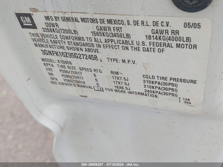 2005 Chevrolet Suburban 1500 Z71 VIN: 3GNFK16Z95G272458 Lot: 39856267