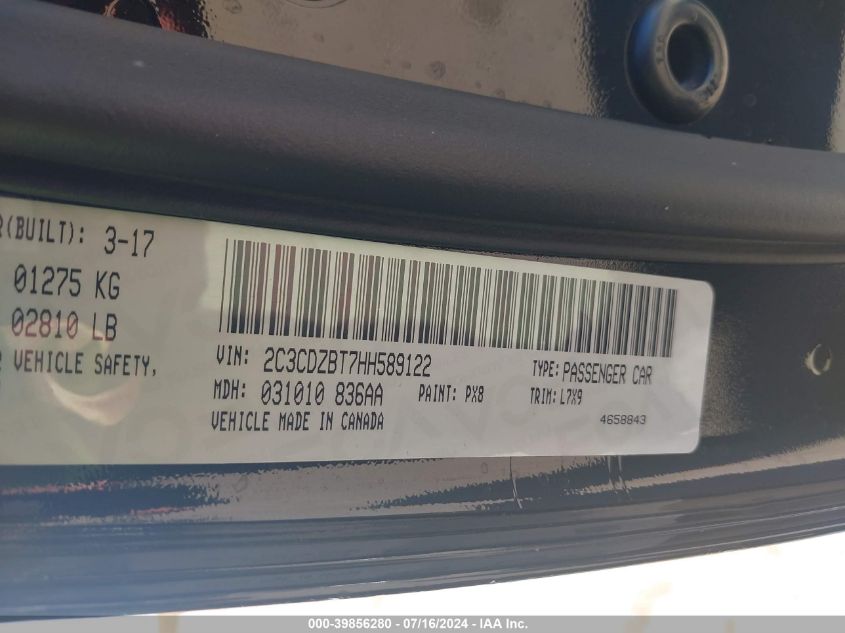 2017 Dodge Challenger R/T VIN: 2C3CDZBT7HH589122 Lot: 39856280