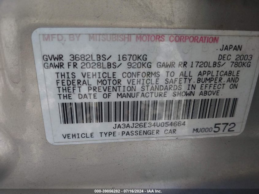 2004 Mitsubishi Lancer Es VIN: JA3AJ26E34U054664 Lot: 39856282