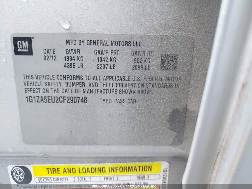 2012 Chevrolet Malibu Ls VIN: 1G1ZA5EU2CF290748 Lot: 39856285