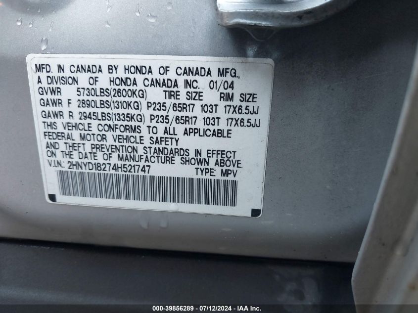 2004 Acura Mdx VIN: 2HNYD18274H521747 Lot: 39856289