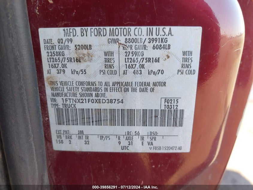 1999 Ford F250 Super Duty VIN: 1FTNX21F0XED38754 Lot: 39856291