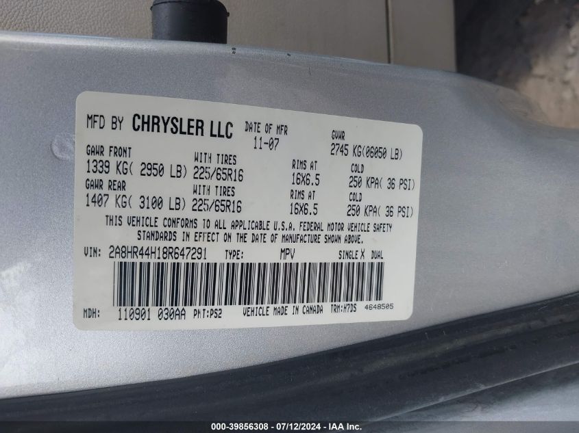 2008 Chrysler Town & Country Lx VIN: 2A8HR44H18R647291 Lot: 39856308