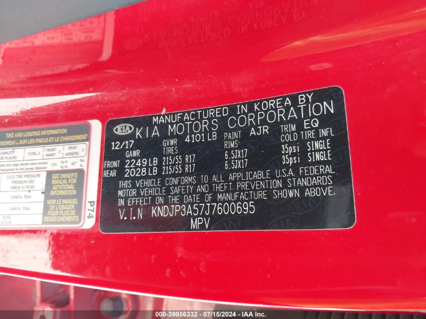 2018 Kia Soul + VIN: KNDJP3A57J7600695 Lot: 39856332