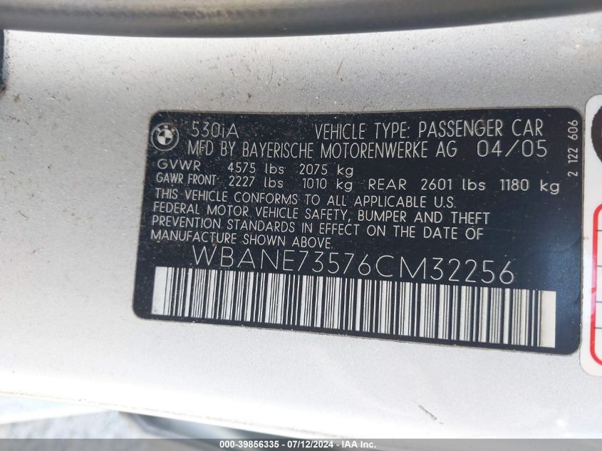 2006 BMW 530I VIN: WBANE73576CM32256 Lot: 39856335