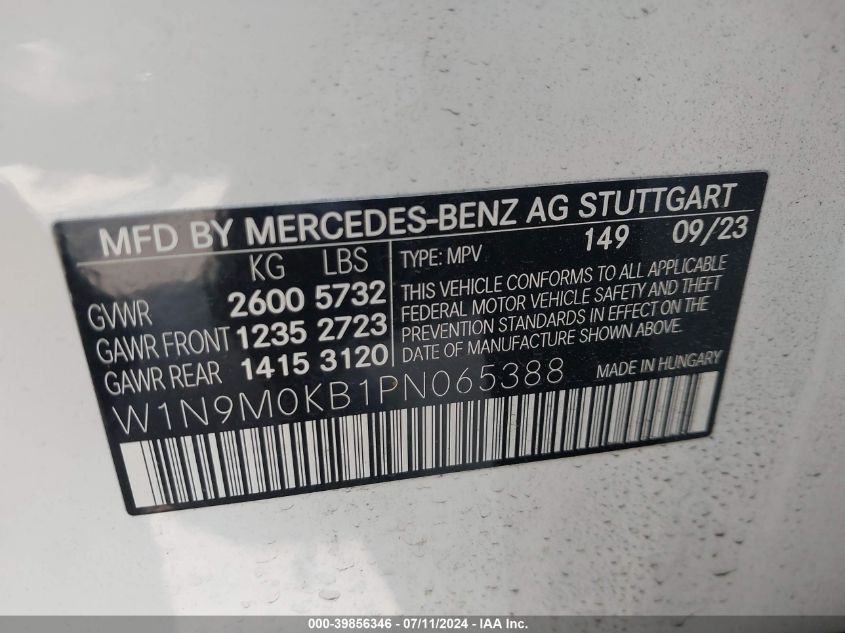 2023 Mercedes-Benz Eqb 300 Suv 4Matic VIN: W1N9M0KB1PN065388 Lot: 39856346