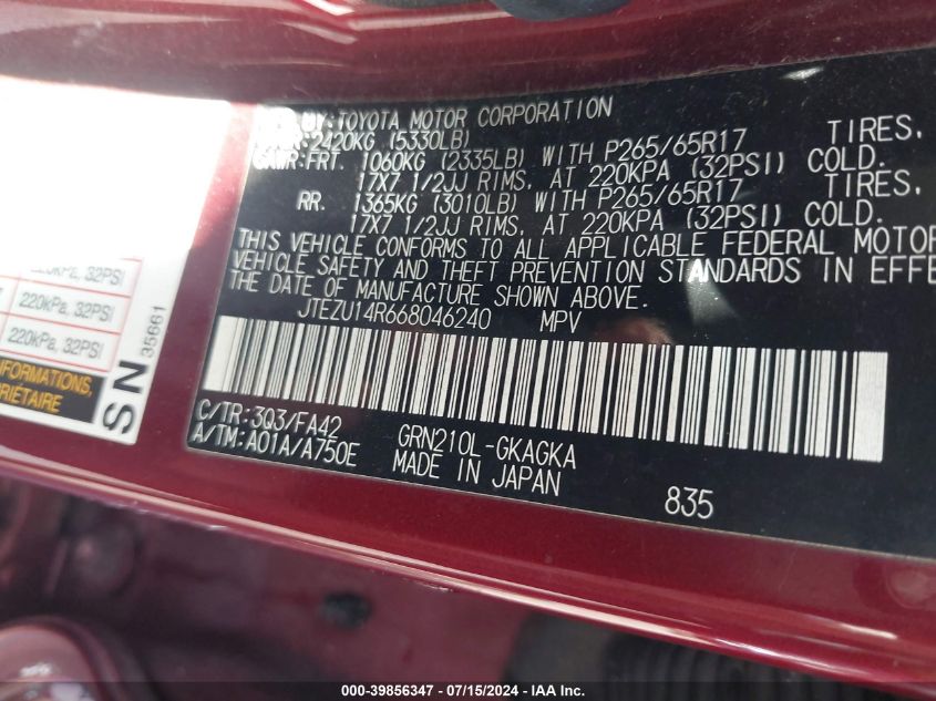 2006 Toyota 4Runner Sr5 V6 VIN: JTEZU14R668046240 Lot: 39856347