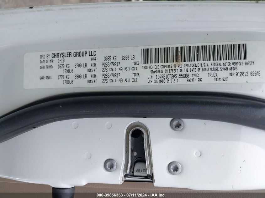 2010 Dodge Ram 1500 Laramie VIN: 1D7RB1CT2AS155660 Lot: 39856353