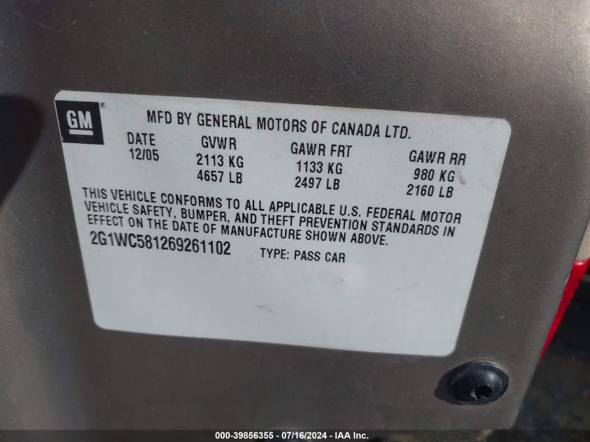 2006 Chevrolet Impala Lt VIN: 2G1WC581269261102 Lot: 39856355
