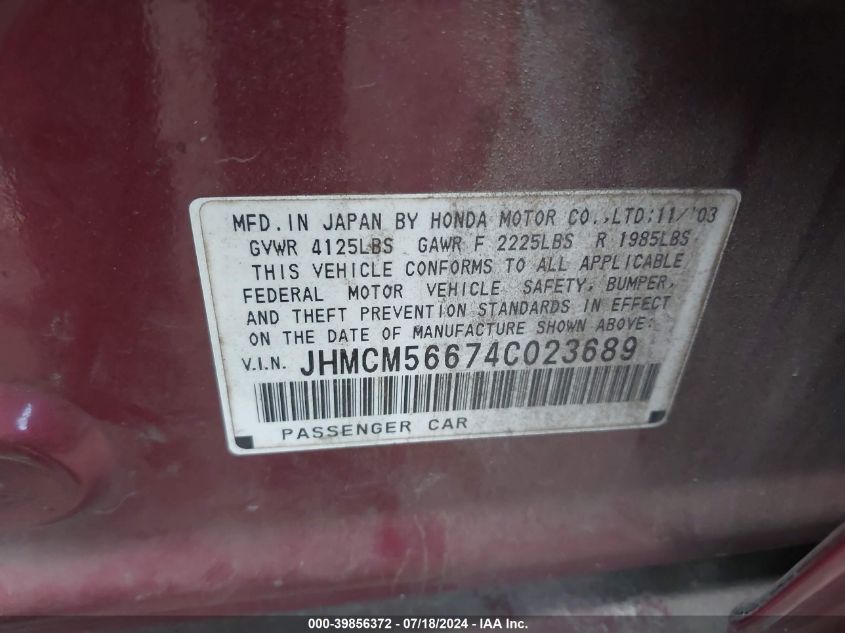 2004 Honda Accord 2.4 Ex VIN: JHMCM56674C023689 Lot: 39856372