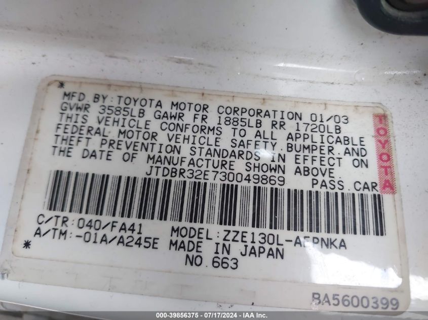 2003 Toyota Corolla Le VIN: JTDBR32E730049869 Lot: 39856375