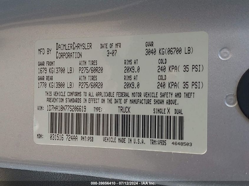 2007 Dodge Ram 1500 Slt VIN: 1D7HA18N77S206619 Lot: 39856410