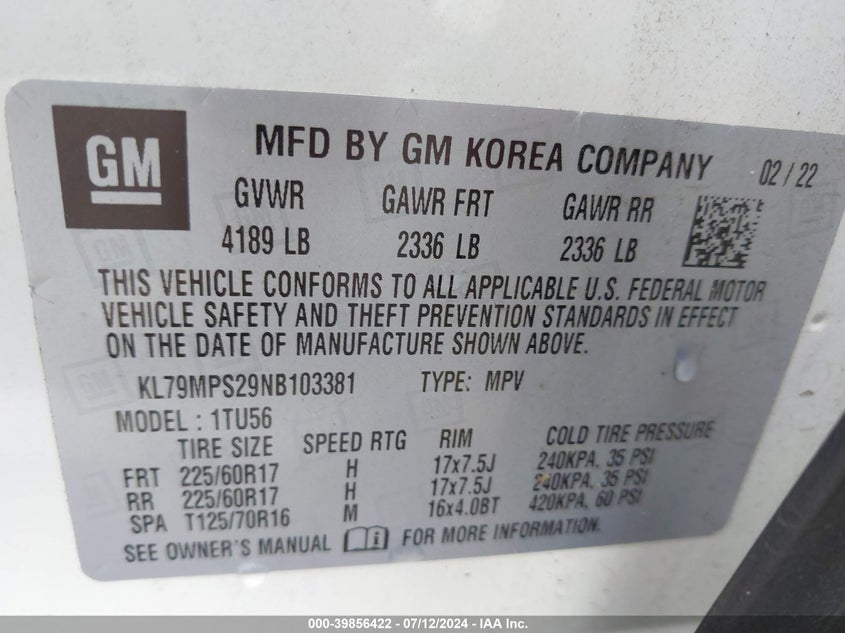VIN KL79MPS29NB103381 2022 CHEVROLET TRAILBLAZER LT