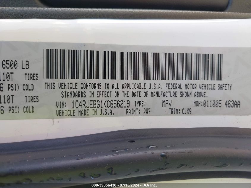 2019 Jeep Grand Cherokee Limited 4X2 VIN: 1C4RJEBG1KC656219 Lot: 39856430