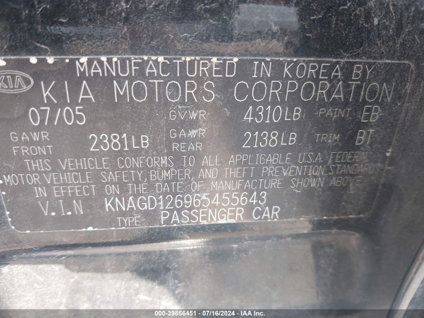 2006 Kia Optima Ex/Lx VIN: KNAGD126965455643 Lot: 39856451