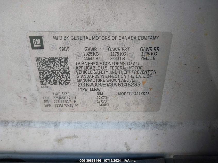 2019 Chevrolet Equinox Lt VIN: 2GNAXKEV3K6146233 Lot: 39856466