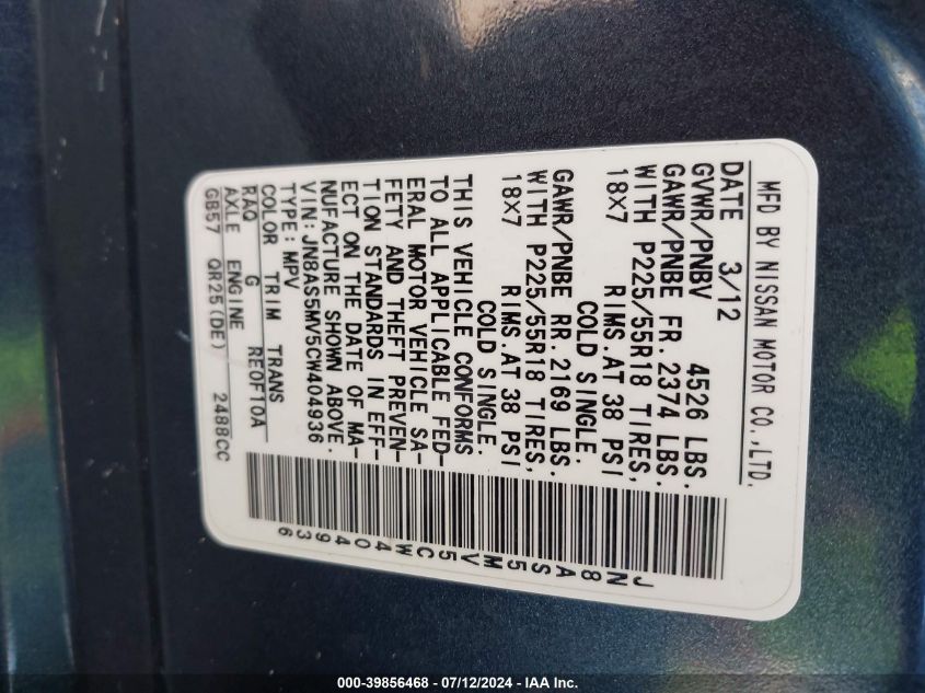 2012 Nissan Rogue Sv W/Sl Pkg VIN: JN8AS5MV5CW404936 Lot: 39856468