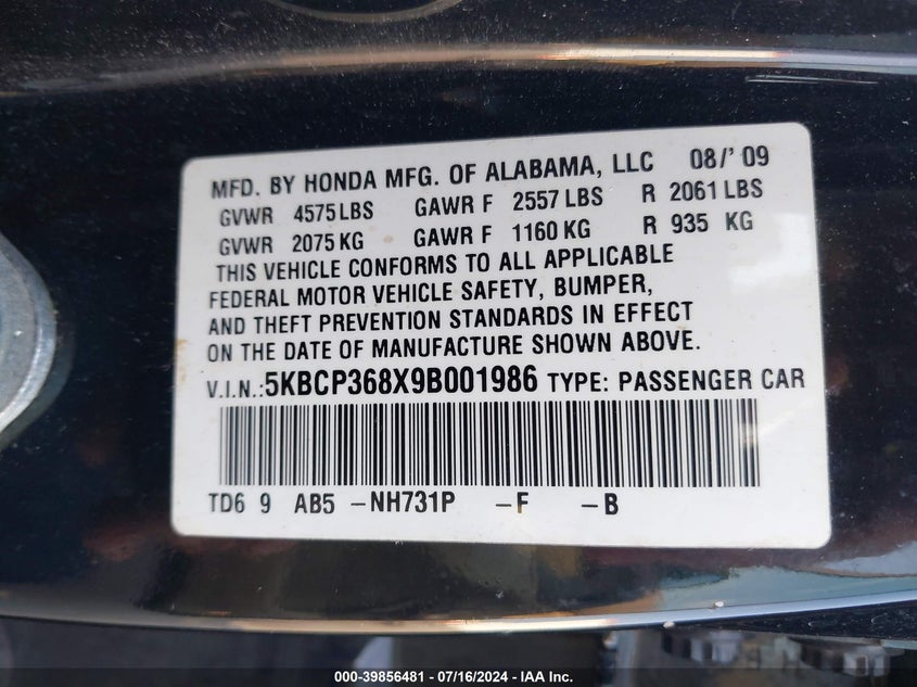 2009 Honda Accord 3.5 Ex-L VIN: 5KBCP368X9B001986 Lot: 39856481
