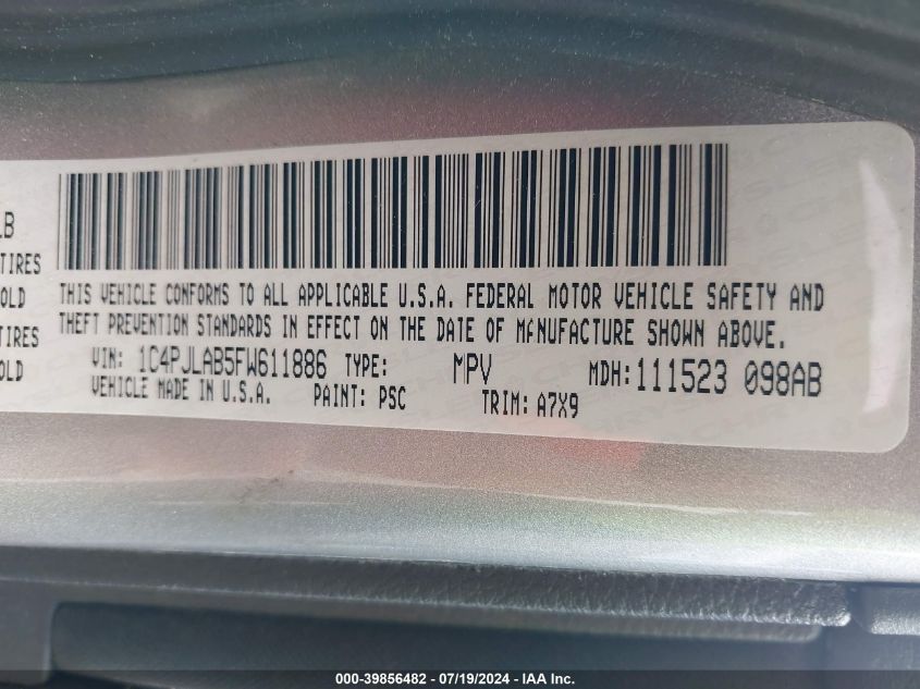 2015 Jeep Cherokee Sport VIN: 1C4PJLAB5FW611886 Lot: 39856482