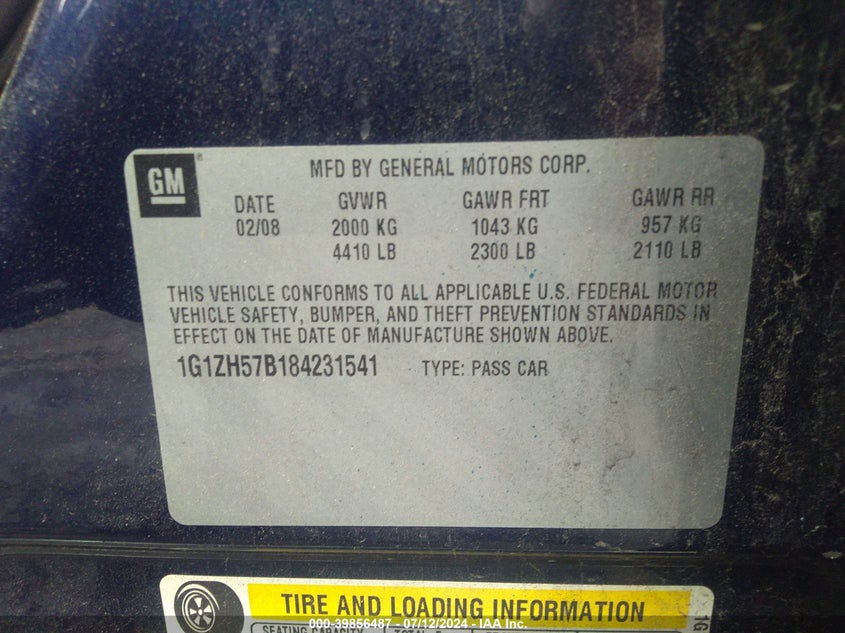 2008 Chevrolet Malibu Lt VIN: 1G1ZH57B184231541 Lot: 39856487