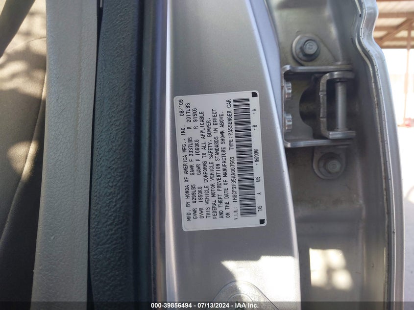 2010 Honda Accord Lx VIN: 1HGCP2F35AA007562 Lot: 39856494