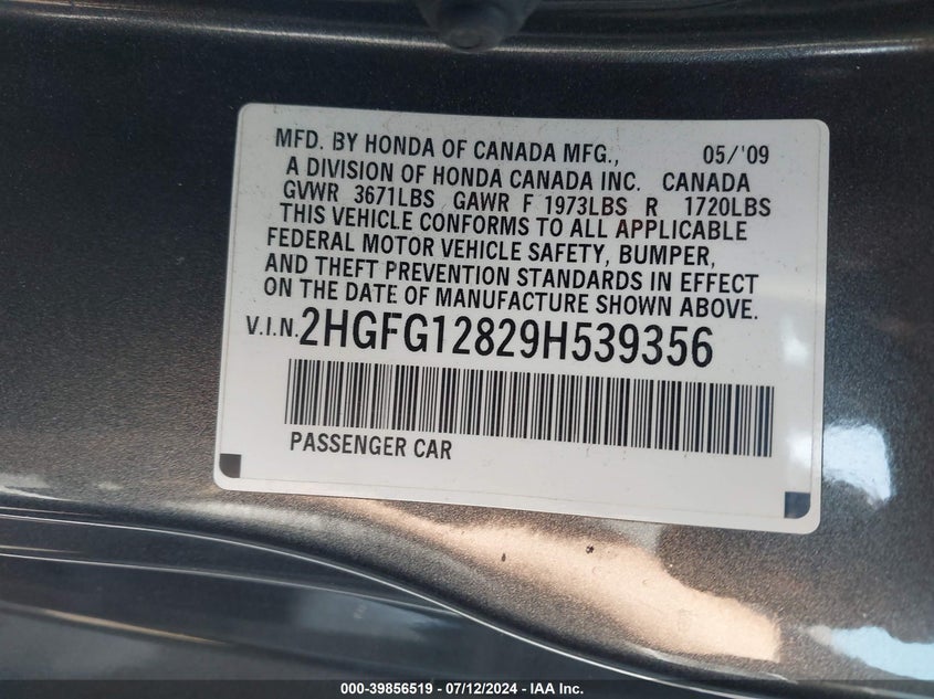 2009 Honda Civic Ex VIN: 2HGFG12829H539356 Lot: 39856519