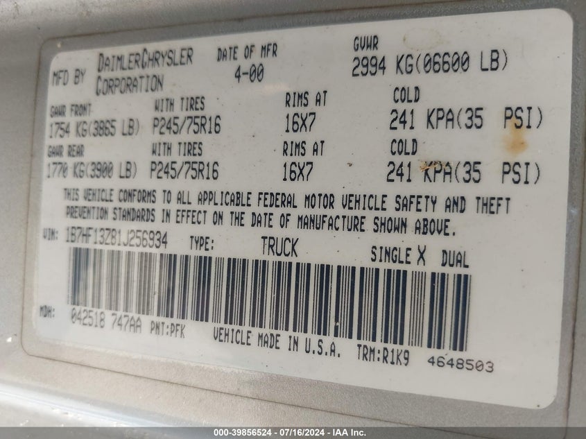 2001 Dodge Ram 1500 St VIN: 1B7HF13Z81J256934 Lot: 39856524