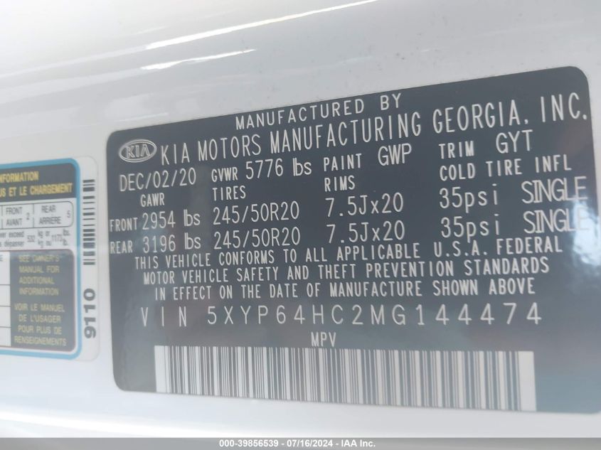 2021 Kia Telluride S VIN: 5XYP64HC2MG144474 Lot: 39856539