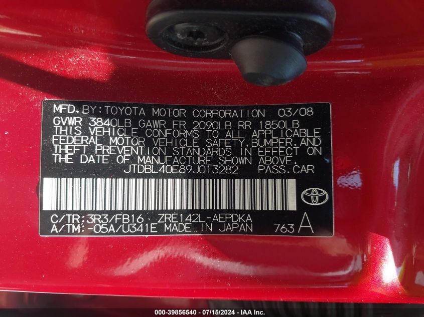 2009 Toyota Corolla Le VIN: JTDBL40E89J013282 Lot: 39856540