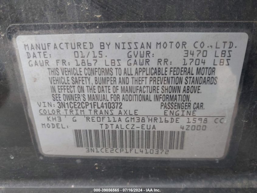 2015 Nissan Versa Note S/S Plus/Sv/Sl/Sr VIN: 3N1CE2CP1FL410372 Lot: 39856565