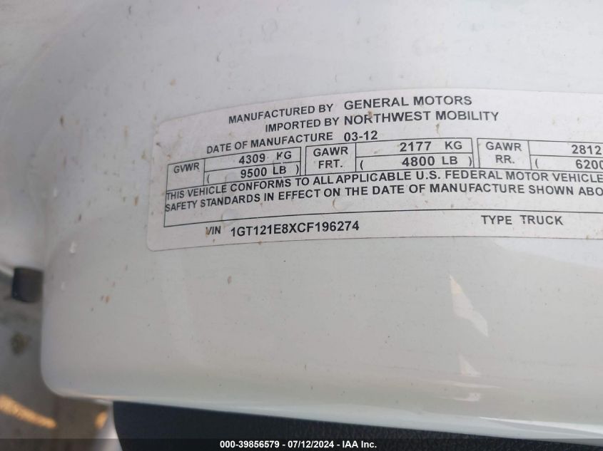 2012 GMC Sierra 2500Hd K2500 Slt VIN: 1GT121E8XCF196274 Lot: 39856579