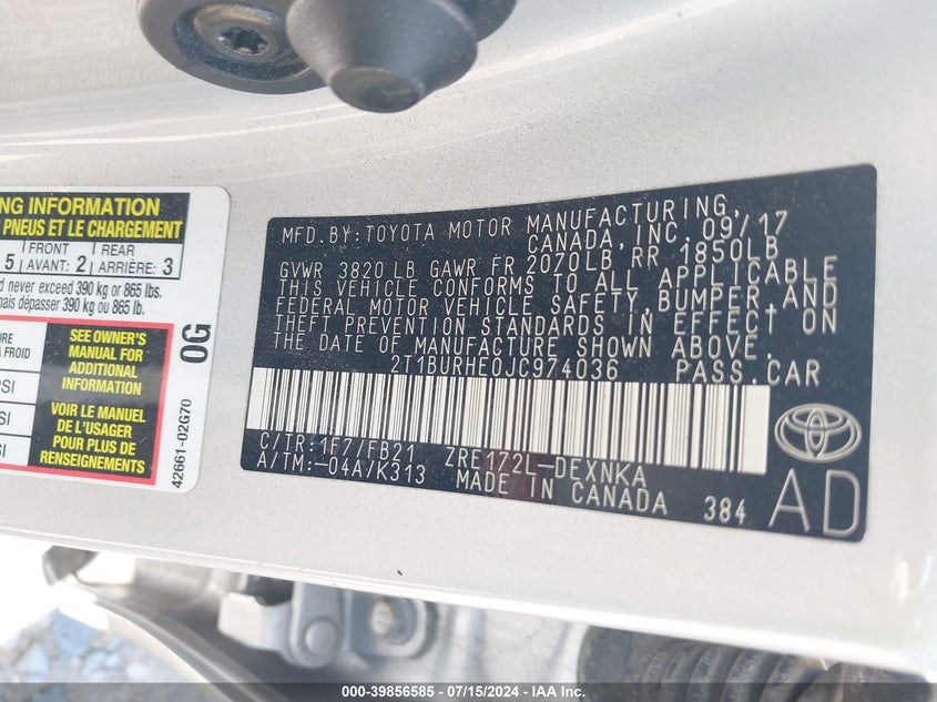 VIN 2T1BURHE0JC974036 2018 TOYOTA COROLLA LE