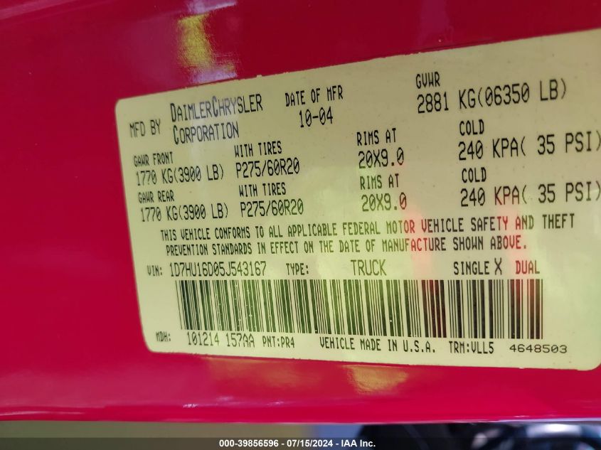 2005 Dodge Ram 1500 Slt/Laramie VIN: 1D7HU16D05J543167 Lot: 39856596