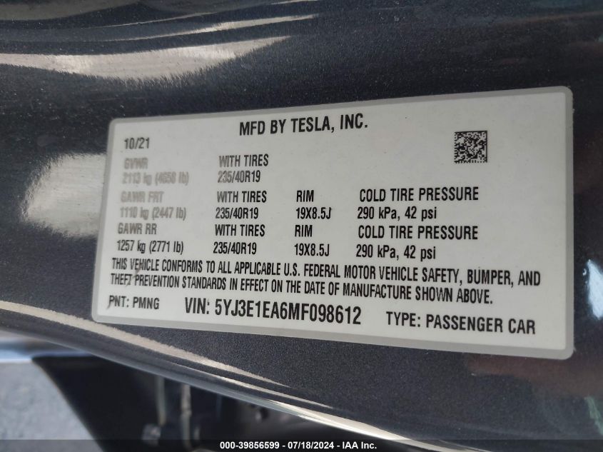 2021 Tesla Model 3 VIN: 5YJ3E1EA6MF098612 Lot: 39856599