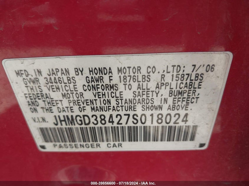 2007 Honda Fit VIN: JHMGD38427S018024 Lot: 39856600