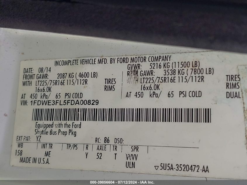 2015 Ford Econoline E350 Super Duty Ctway Van VIN: 1FDWE3FL5FDA00829 Lot: 39856604